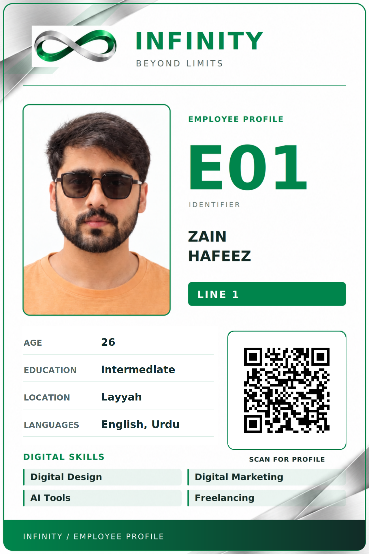 Front of INFINITY E01 employee card for Zain Hafeez